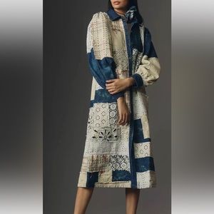 Anthropologie Let Me Be Denim Patchwork Shirt Dress Coat Distress Crochet Button